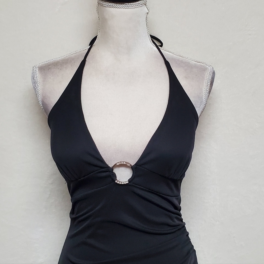 𝅺VINTAGE 1990s Taboo Black White Ruffle Asymmetrical Backless Halter Maxi Dress - Picture 5 of 16